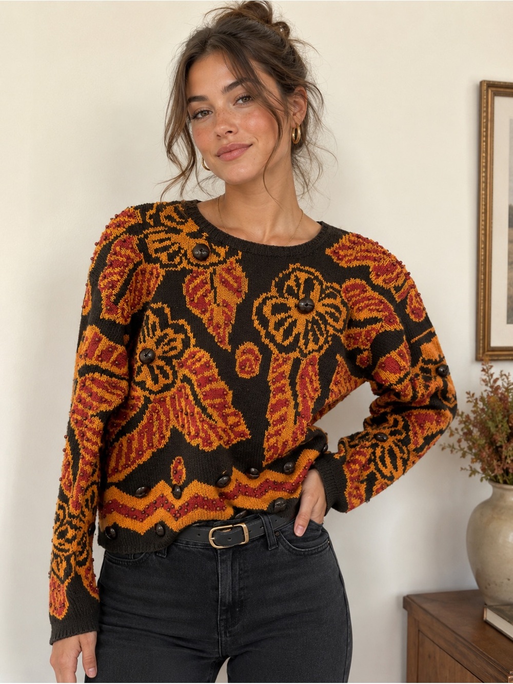 VINTAGE Adrienne Vittadini Brown Floral Sweater with Orange & Pink Jacquard